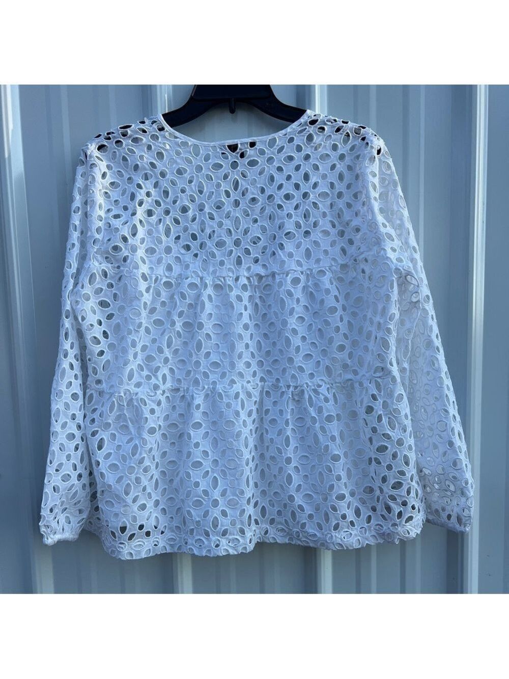 J Crew Tiered Babydoll White Eyelet Beachy Cottagecore Blouse Top M - Picture 8 of 8